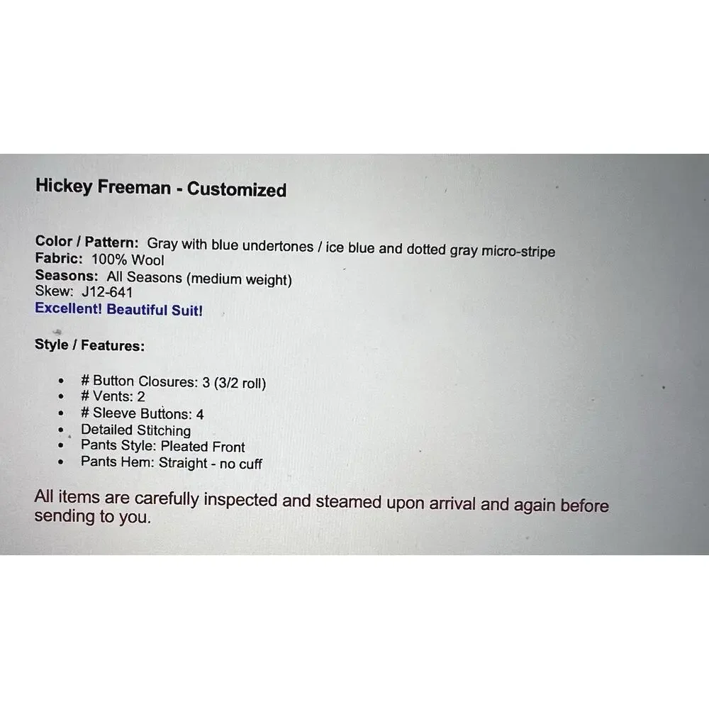 Hickey Freeman 44R 38x27 Gray with Ice Blue Multi-Stripe Quality Suit 3/2 Roll - Picture 2 of 16